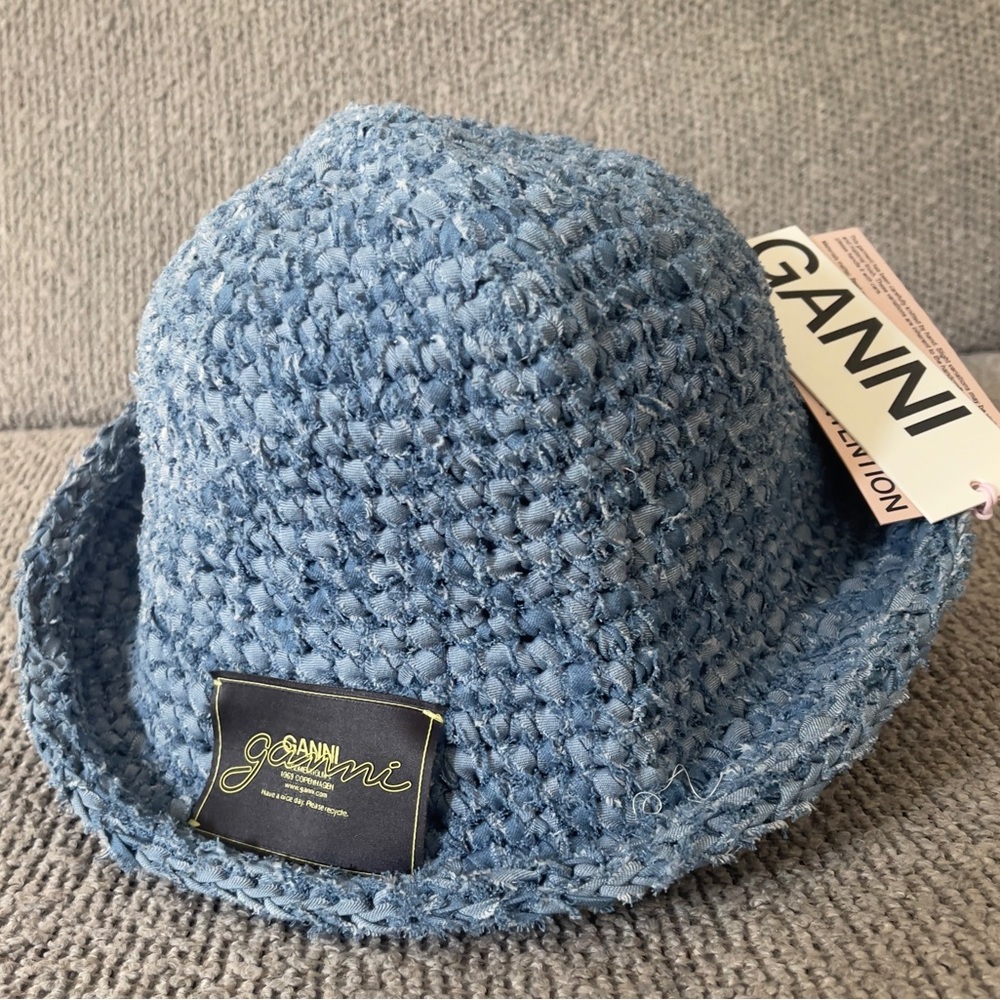 GANNI Cotton Denim Crochet Bucket Hat - Picture 4 of 11